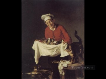 A Boy with dogs and Kittens Joseph Claude Bail Oil Paintings